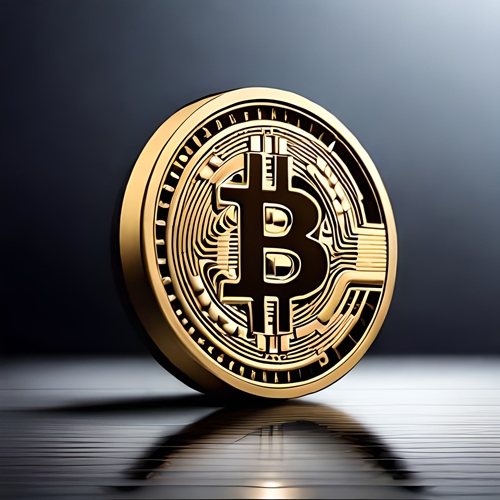 A virtual Bitcoin coin on a grey background