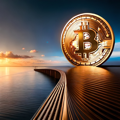 A huge bitcoin coin on the water