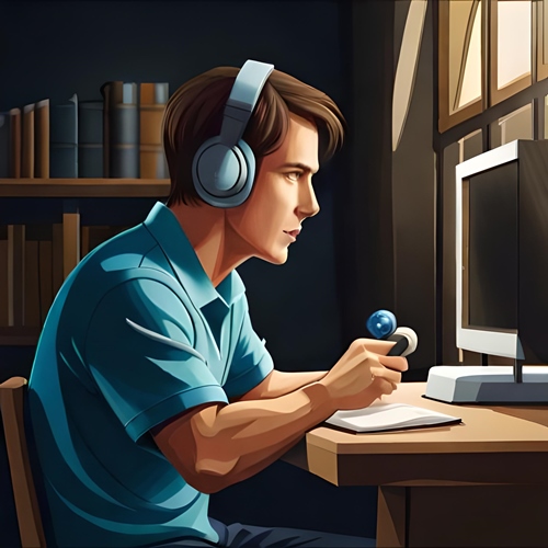 A gamer behind his computer with a headset on without his room